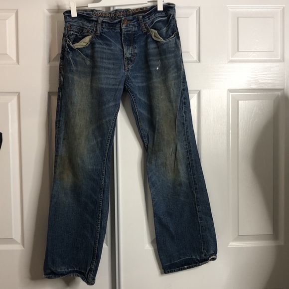 American Eagle Low Rise Slim Boot Grunge Distressed Stained Jeans 32x30 - Picture 1 of 7